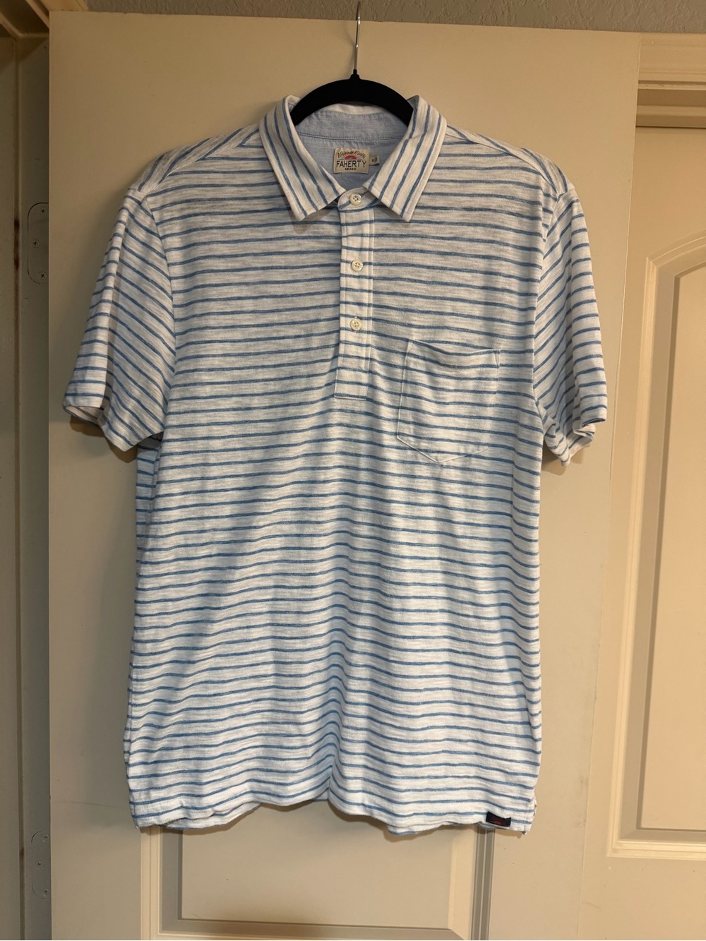 Faherty White & Light Blue Striped Short-Sleeve Polo